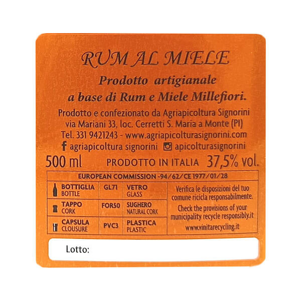 Rum al Miele - Etichetta Bottiglia 500ml - 37,5% vol.